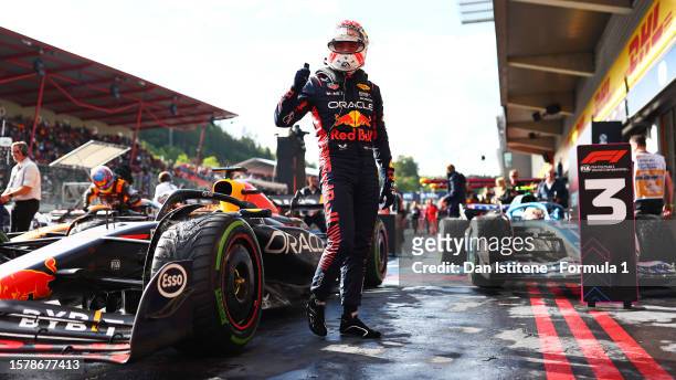 Sprint winner Max Verstappen of the Netherlands and Oracle Red Bull Racing celebrates in parc ferme during the Sprint ahead of the F1 Grand Prix of...