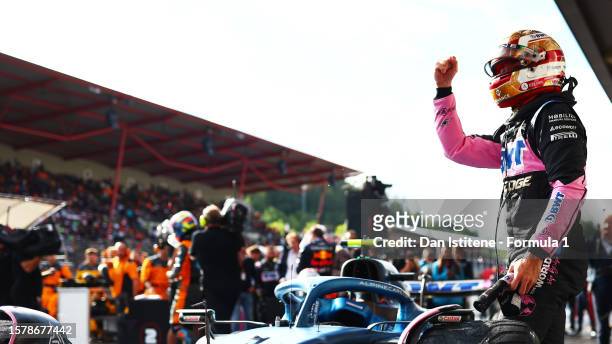 Third placed Pierre Gasly of France and Alpine F1 celebrates in parc ferme during the Sprint ahead of the F1 Grand Prix of Belgium at Circuit de...