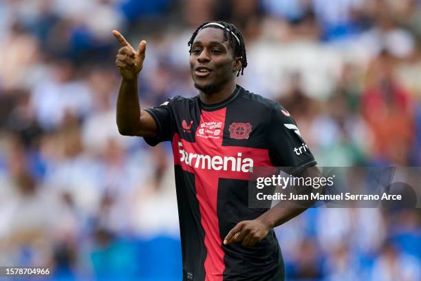 Jeremie Frimpong of Bayer 04 Leverkusen reacts during the pre-season friendly match between Real Sociedad and Bayer 04 Leverkusen at Estadio Anoeta...
