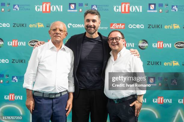 Claudio Gubitosi, Raoul Bova and Piero Rinaldi attend the photocall at the 53th Giffoni Film Festival 2023 on July 29, 2023 in Giffoni Valle Piana,...