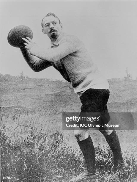 Frantz Reichal, a member of the French Rugby team prepares for a throw in at a line-out during the 1900 Games in Paris. Rugby Football has been...