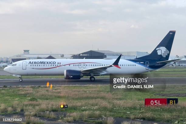 An Aeromexico plane takes off at the Benito Juarez International Airport in Mexico City on August 5, 2023.