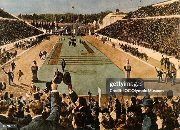 Painting shows Spiridon Louis of Greece winning the first Olympic marathon in 1896. It was the culmination of a triumph for the Greek hosts that one...