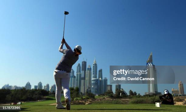 Shanshan Feng of China plays her tee shot at the par 4, 8th hole during the third round of the 2012 Omega Dubai Ladies Masters on the Majilis Course...