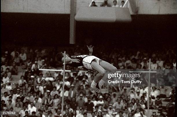 Dick Fosbury of the USA clears the bar in the high jump competiton with his dramtic new jumping style. Few competitors have had such a dramatic...