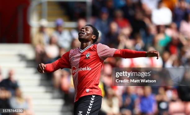 Nathan Tella of Southampton during the pre-season friendly fixture between Southampton FC and AZ Alkmaar at St Mary's Stadium on July 29, 2023 in...