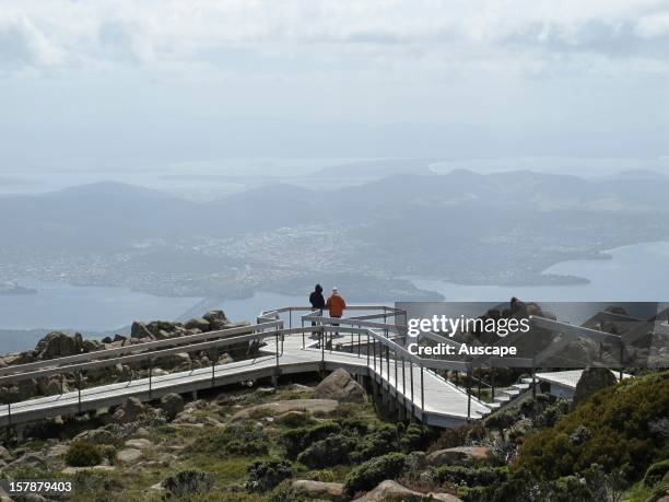 Lookout at summit of Mount Wellington with a view over Hobart and the Derwent River estuary. Hobart, Tasmania, Australia.