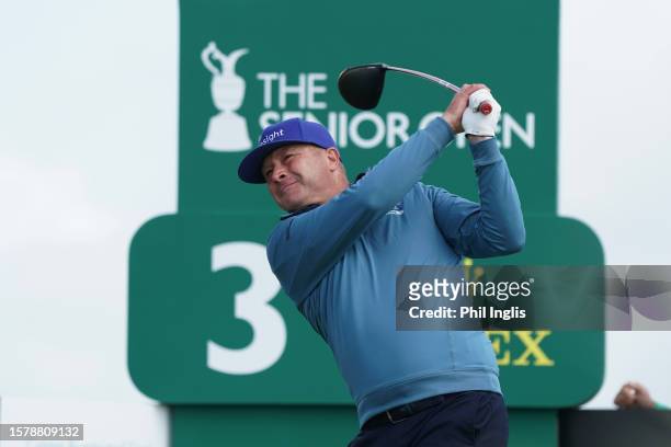 Greig Hutcheon of Scotland in action during Day Three of The Senior Open Presented by Rolex at Royal Porthcawl Golf Club on July 29, 2023 in...