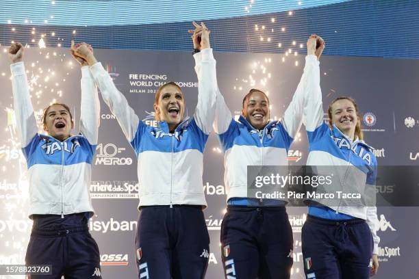 Francesca Palumbo, Arianna Errigo, Alice Volpi and Martina Favaretto of Italy celebrate Gold medal on the podium of Women's Team Foil during the FIE...