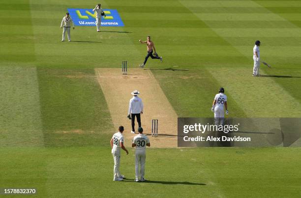 Streaker is seen on the pitch during Day Three of the LV= Insurance Ashes 5th Test Match between England and Australia at The Kia Oval on July 29,...