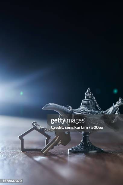 wishing to own a house,aladdins lamp and house key,malaysia - mystery sale stock pictures, royalty-free photos & images