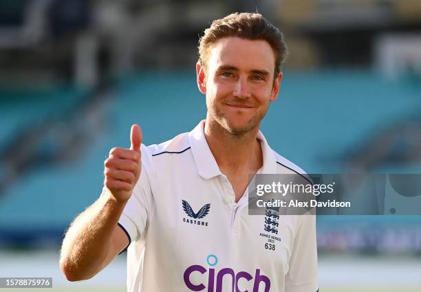 Stuart Broad of England acknowledges the crowd after announcing his retirement from Test Match cricket after Day Three of the LV= Insurance Ashes 5th...