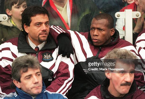 Newcastle new signing Faustino Asprilla sits with his agent behind Newcastle manager Kevin Keegan and his assistant Terry McDermott prior to the FA...