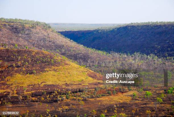 Burnt landscape of savannah woodland in the central Kimberley plateau at end of the dry season. Marion Downs Wildlife Sanctuary, northern Western...