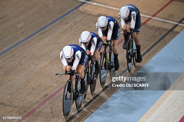 France team compete in the women's Elite Team Pursuit Bronze Final at the Sir Chris Hoy velodrome during the UCI Cycling World Championships in...