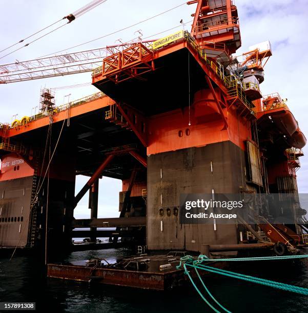 Offshore gas fields accommodation bargemoored at Beauty Point for maintenance Tamar River, Bass Strait, Tasmania, Australia.