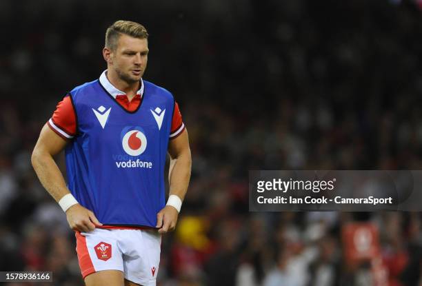 Wales's Dan Biggar warms up during the 1st half during the Summer International match between Wales and England at Principality Stadium on August 5,...