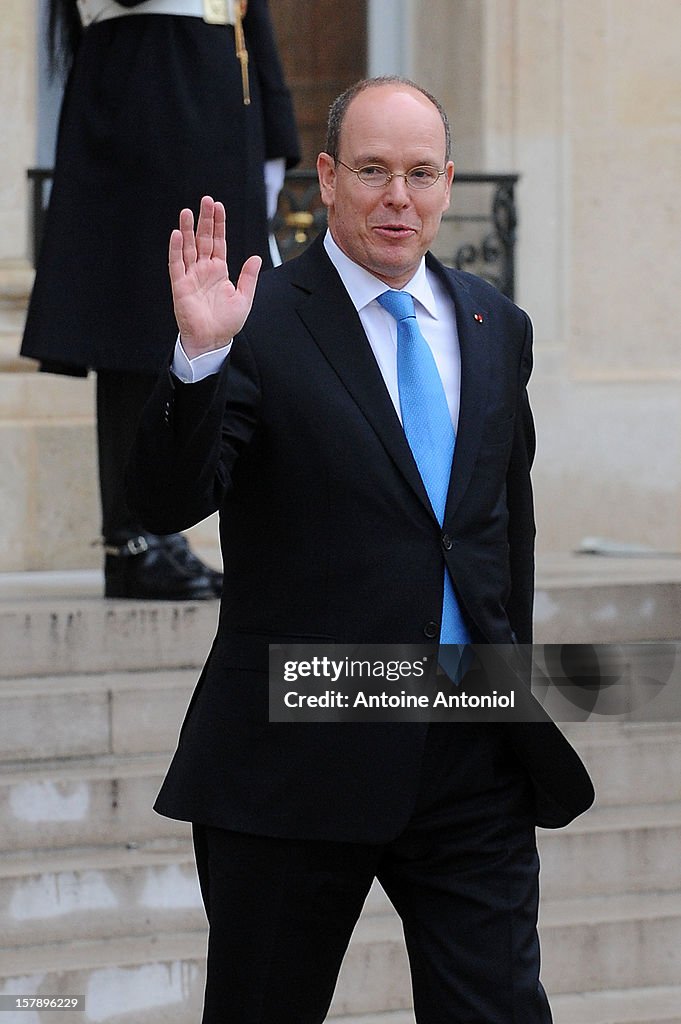 President Francois Hollande Meets Prince Albert Of Elysee Palace