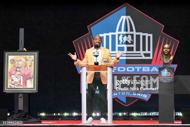 Ronde Barber speaks during the 2023 Pro Football Hall of Fame Enshrinement Ceremony at Tom Benson Hall Of Fame Stadium on August 05, 2023 in Canton,...