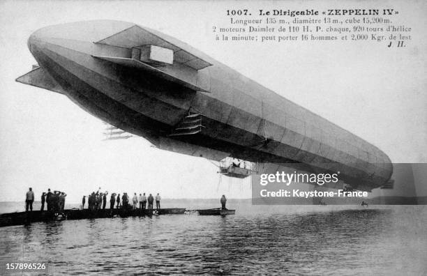 The Dirigible Zeppelin IV, 135 meters long, 13 meters in diameter, 2 Daimler engines, transport capacity of 16 people and 2 tons of ballast, circa...