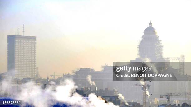 The Brussels' court house appears through the smog above Brussels, on January 9, 2009. A speed limit on the roads and highways because of the smog...