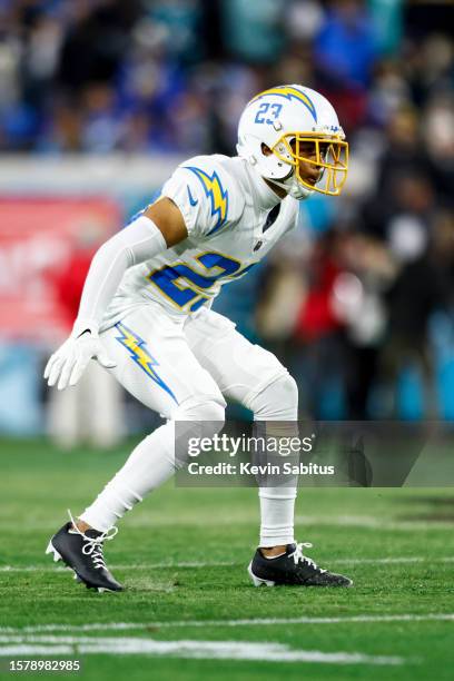 Bryce Callahan of the Los Angeles Chargers defends in pass coverage during an NFL wild card playoff football game against the Jacksonville Jaguars at...
