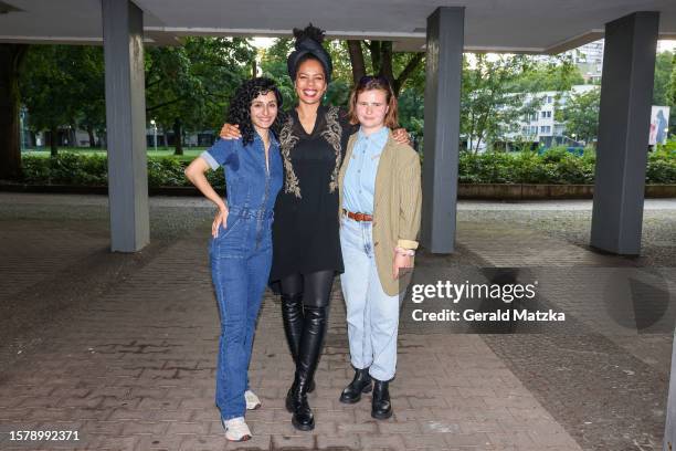 Safak Sengül, Jane Chirwa and Lisa Hrdina attend the "Clashing Differences" Premiere at Open Air Kulturforum on July 29, 2023 in Berlin, Germany.