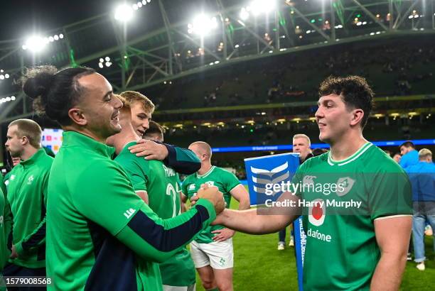 Dublin , Ireland - 5 August 2023; James Lowe and Tom Stewart of Ireland after their side's victory in the Bank of Ireland Nations Series match...