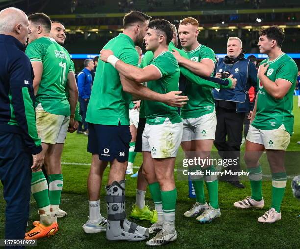 Dublin , Ireland - 5 August 2023; Jack Conan and Calvin Nash of Ireland embrace after their side's victory in the Bank of Ireland Nations Series...
