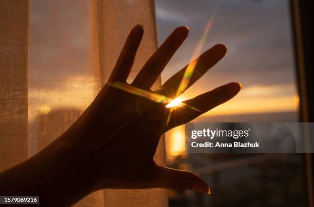 sunset sunbeams through fingers of female hand in evening - hands sun stock pictures, royalty-free photos & images