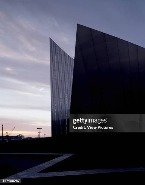Imperial War Museum North, Manchester, United Kingdom, Architect Daniel Libeskind Imperial War Museum North Exterior View At Twilight.