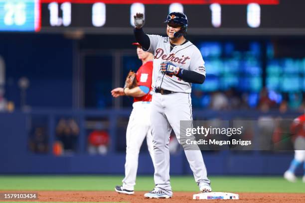 Miguel Cabrera of the Detroit Tigers reacts after hitting a double against the Miami Marlins during the second inning at loanDepot park on July 29,...