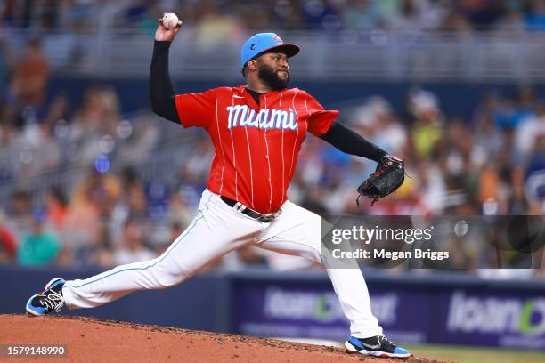 Johnny Cueto of the Miami Marlins pitches against the Detroit Tigers during the third inning at loanDepot park on July 29, 2023 in Miami, Florida.