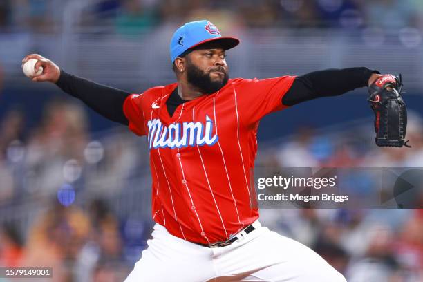 Johnny Cueto of the Miami Marlins pitches against the Detroit Tigers during the third inning at loanDepot park on July 29, 2023 in Miami, Florida.