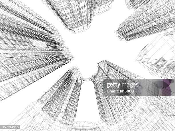 skyscraper architecture blueprint - building wireframe stock pictures, royalty-free photos & images