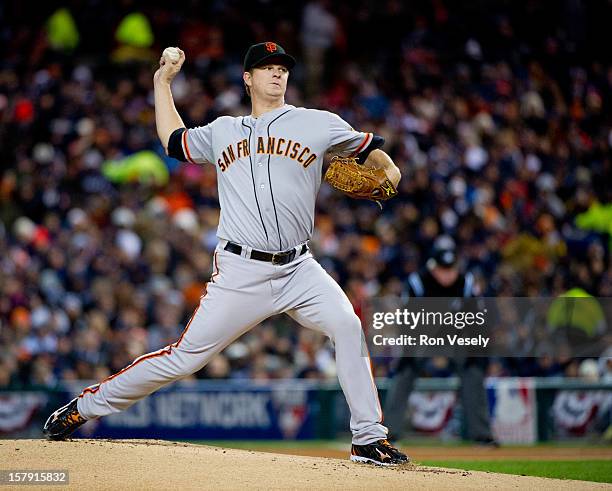 Matt Cain of the San Francisco Giants pitches during Game 4 of the 2012 World Series against the Detroit Tigers on Sunday, October 28, 2012 at...