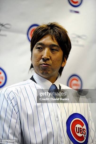 Chicago Cubs new pitcher Kyuji Fujikawa is introduced to the media by the Chicago Cubs on December 7, 2012 at Wrigley Field in Chicago, Illinois.