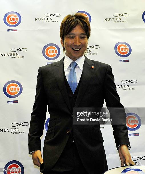 Chicago Cubs new pitcher Kyuji Fujikawa is introduced to the media by the Chicago Cubs on December 7, 2012 at Wrigley Field in Chicago, Illinois.