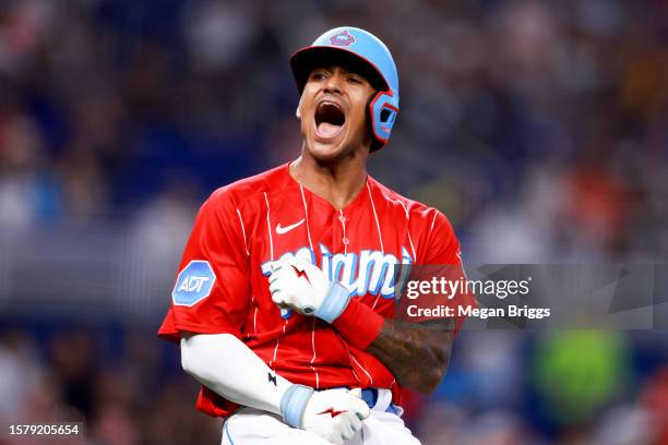 Dane Myers of the Miami Marlins reacts during the second inning of the game against the Detroit Tigers at loanDepot park on July 29, 2023 in Miami,...