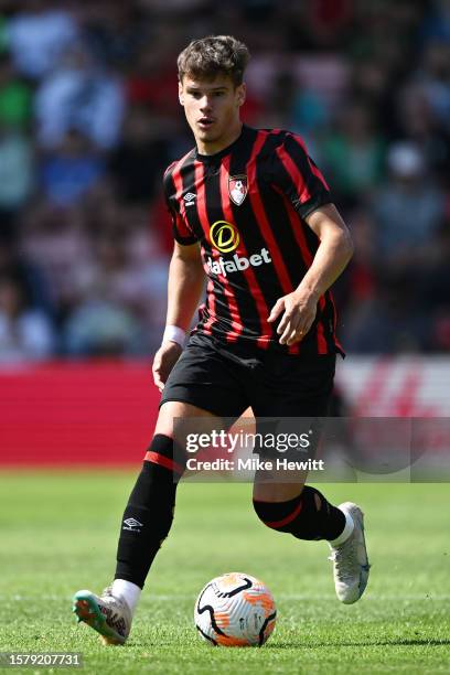 Milos Kerkez of Bournemouth in action during the pre-season friendly match between AFC Bournemouth and Atalanta at Vitality Stadium on July 29, 2023...