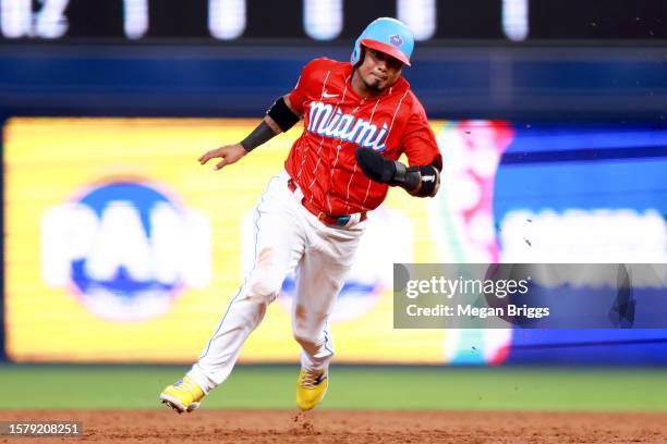 Luis Arraez of the Miami Marlins rounds the bases against the Detroit Tigers during the third inning at loanDepot park on July 29, 2023 in Miami,...