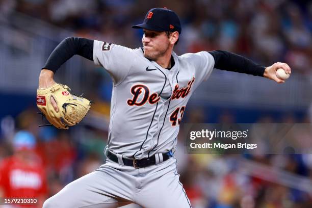 Joey Wentz of the Detroit Tigers pitches against the Miami Marlins during the fourth inning at loanDepot park on July 29, 2023 in Miami, Florida.
