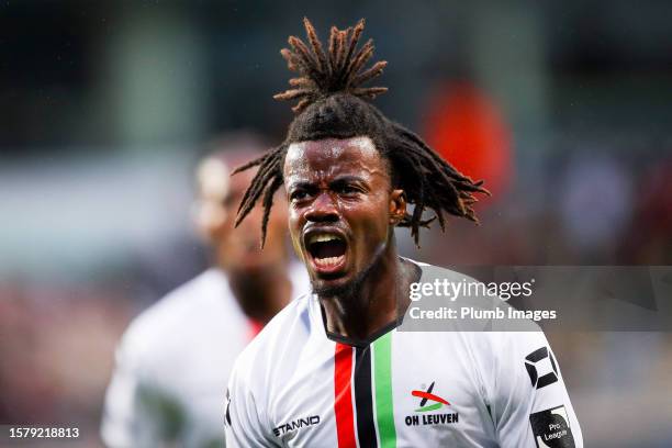 Richie Sagrado of OH Leuven celebrates after scoring the 1-0 goal during the Jupiler Pro League match between OH Leuven and RWDM at the King Power at...