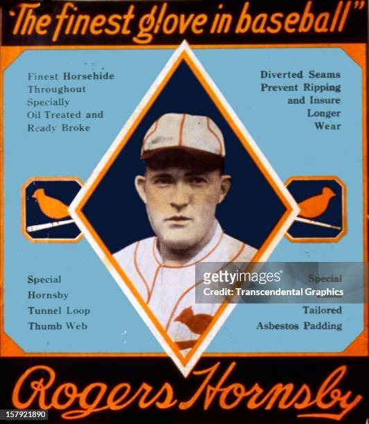 Rogers Hornsby endorses a baseball glove on this box top printed circa 1930 in an unknown location.