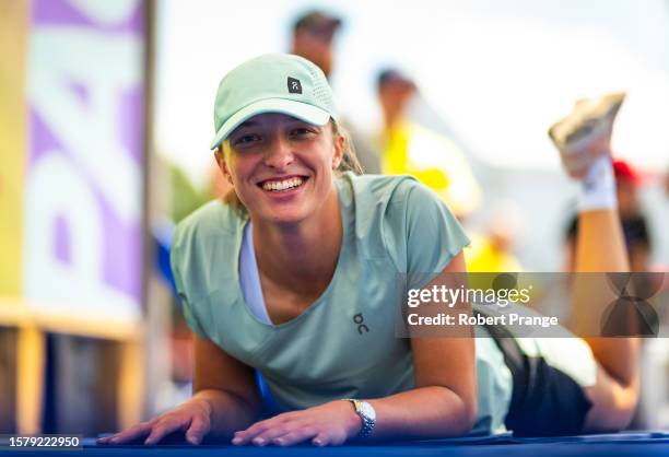Iga Swiatek of Poland attends a Yoga class ahead of the National Bank Open Montréal at Stade IGA on August 05, 2023 in Montreal, Quebec