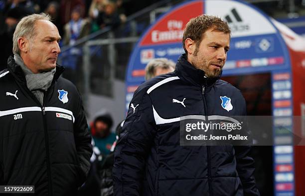 Head coach Frank Kramer and manager Andreas Müller of Hoffenheim are seen prior to the Bundesliga match between Hamburger SV and TSG 1899 Hoffenheim...