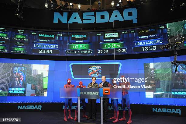 Reeve Carney, star of "SPIDER-MAN: Turn Off The Dark" and cast members ring the Opening Bell at NASDAQ MarketSite on December 7, 2012 in New York...