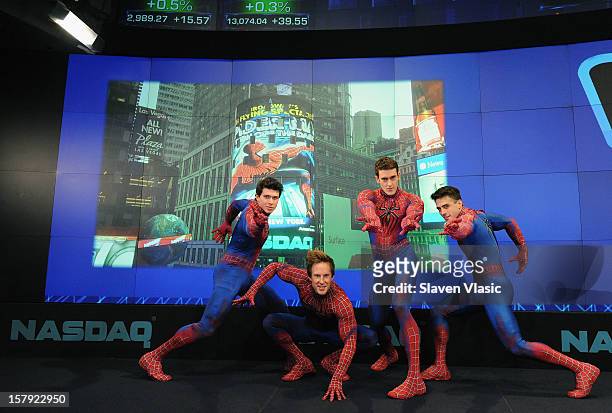 Atmosphere during the visit of Reeve Carney, star of "SPIDER-MAN: Turn Off The Dark" and cast members to the NASDAQ MarketSite on December 7, 2012 in...