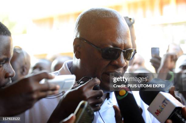 Ghana's ruling National Democratic Congress president and presidential candidate John Dramani Mahama talks to the press after casting his vote at the...