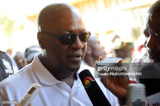 Ghana's ruling National Democratic Congress president and presidential candidate John Dramani Mahama talks to the press after casting his vote at the...